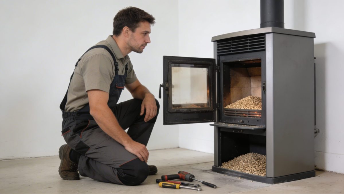 Technicien agenouille devant poele a granules ouvert outils poses au sol