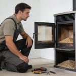 Technicien agenouille devant poele a granules ouvert outils poses au sol