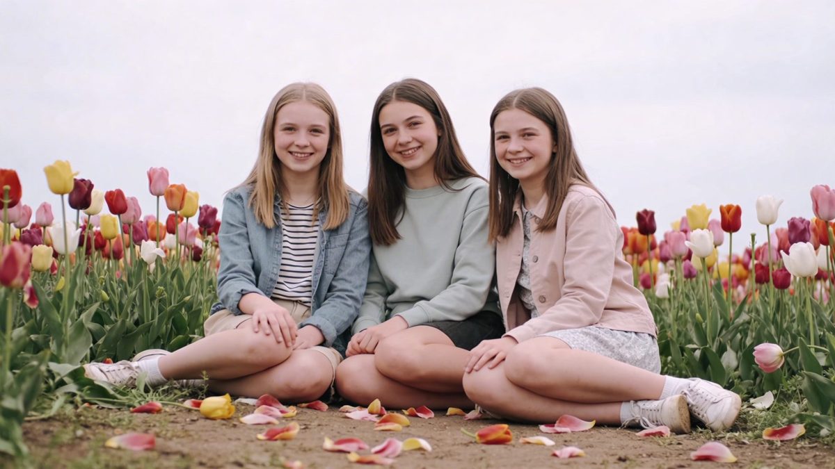 Trois petites filles souriantes assises dans un champs de tulipes colorées