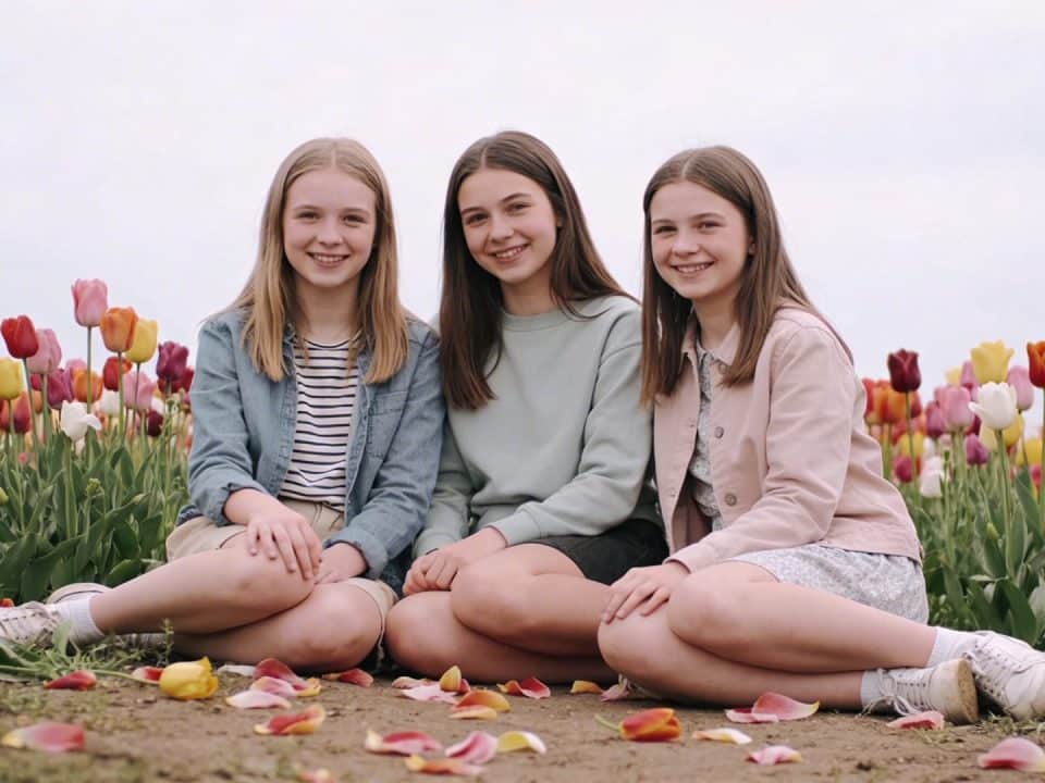 Trois petites filles souriantes assises dans un champs de tulipes colorées