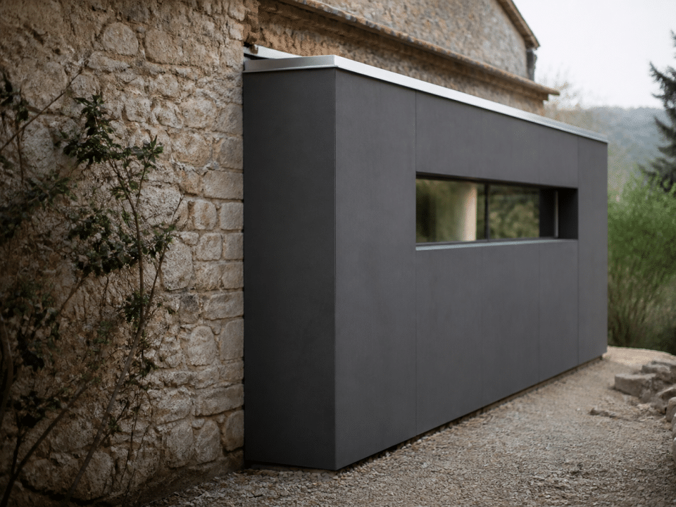 structure moderne rectangulaire appuyee contre facade ancienne en pierre