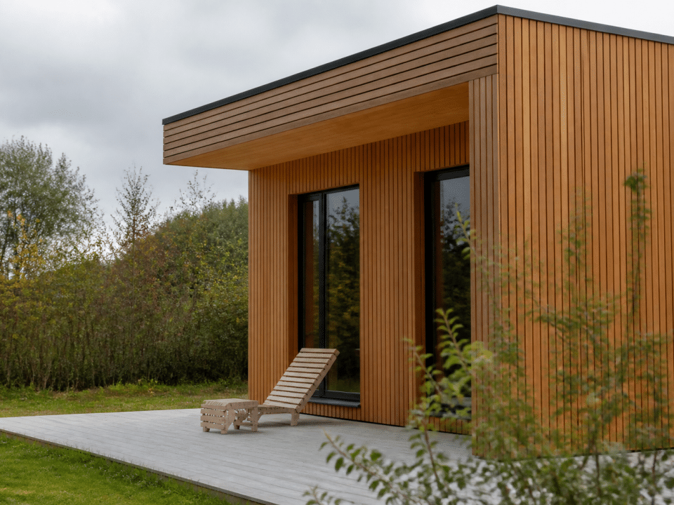 Construction moderne avec murs bois verticaux et toiture horizontale