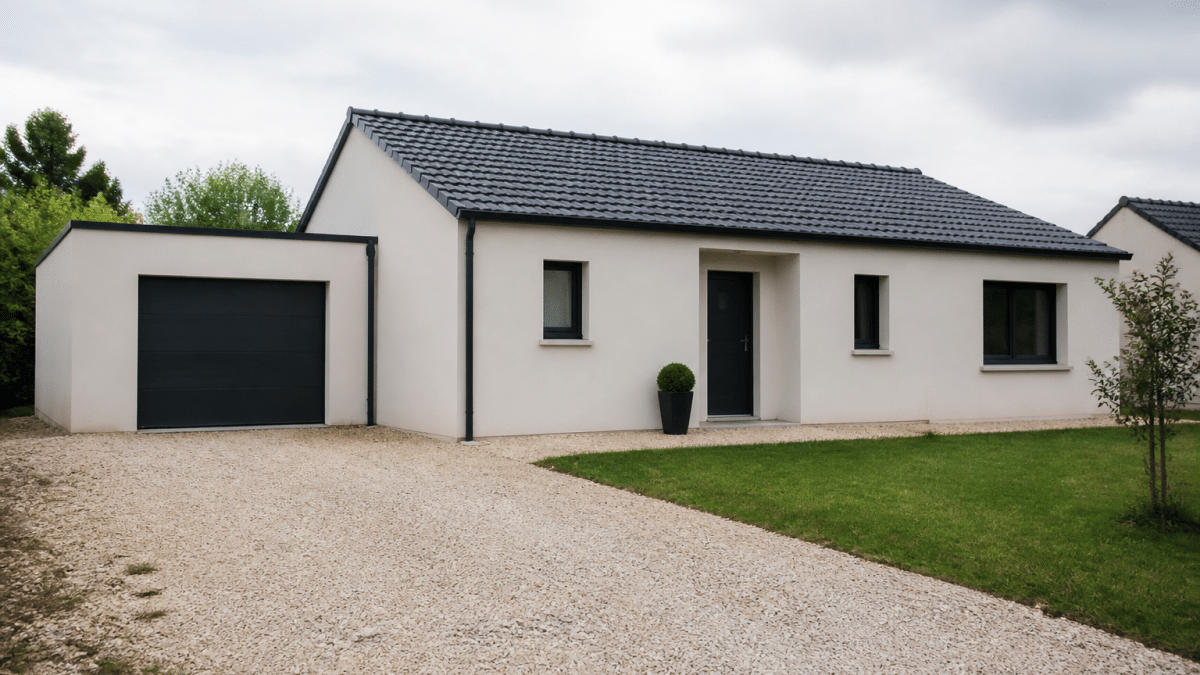 Schema architectural maison rectangulaire avec garage integre lateral