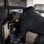 Technicien penche sur poele granules ouvert pour reparation