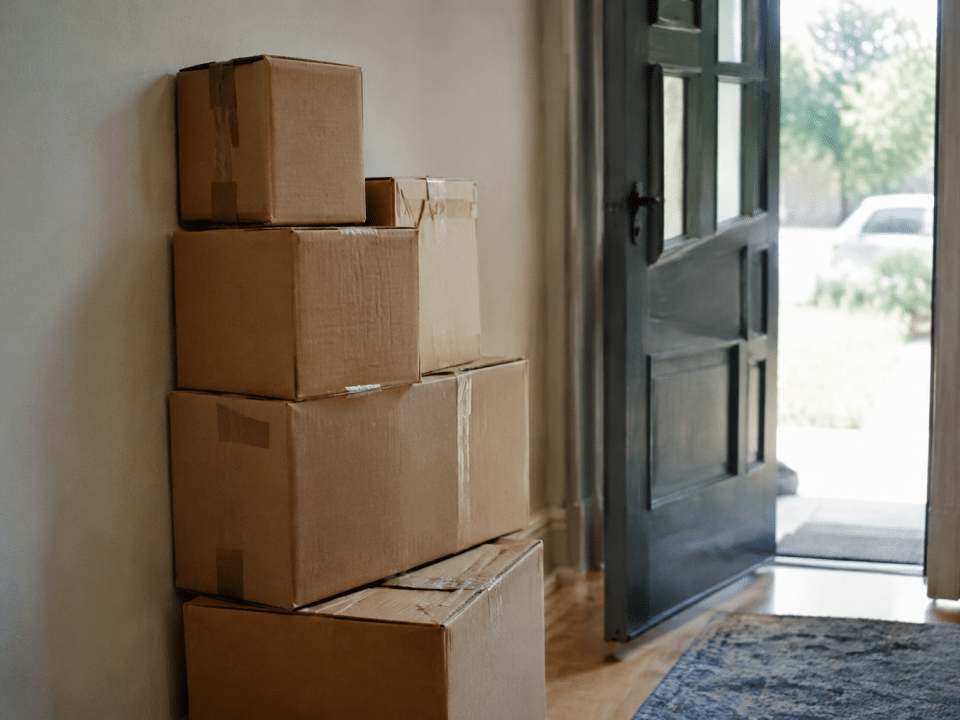 Cartons empiles contre mur pres porte ouverte maison
