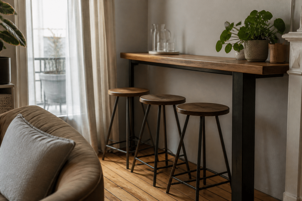 Comptoir bar bas adosse au mur du salon avec tabourets
